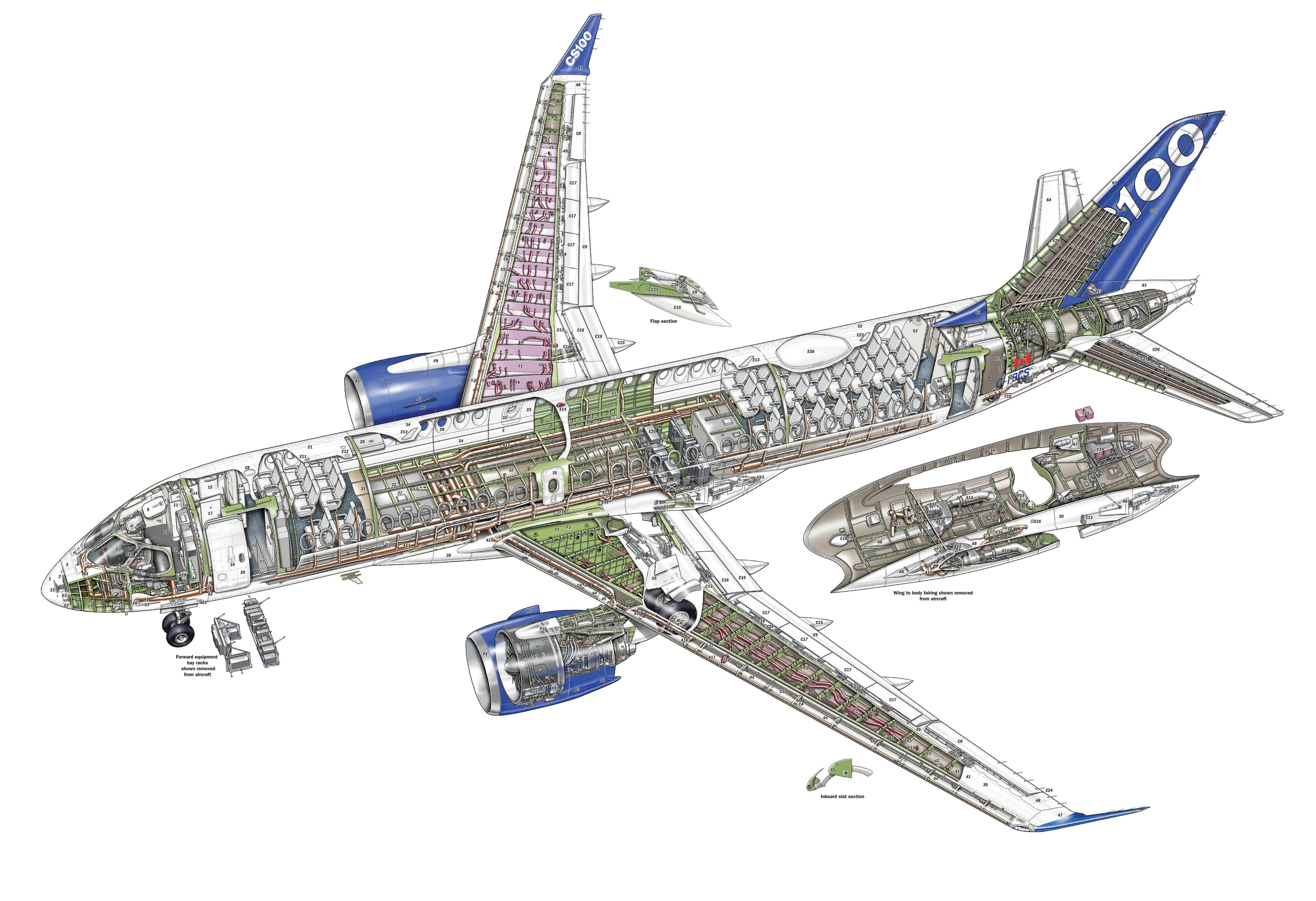 Bombardier CS100 (Airbus A220) Cutaway Drawing in High quality